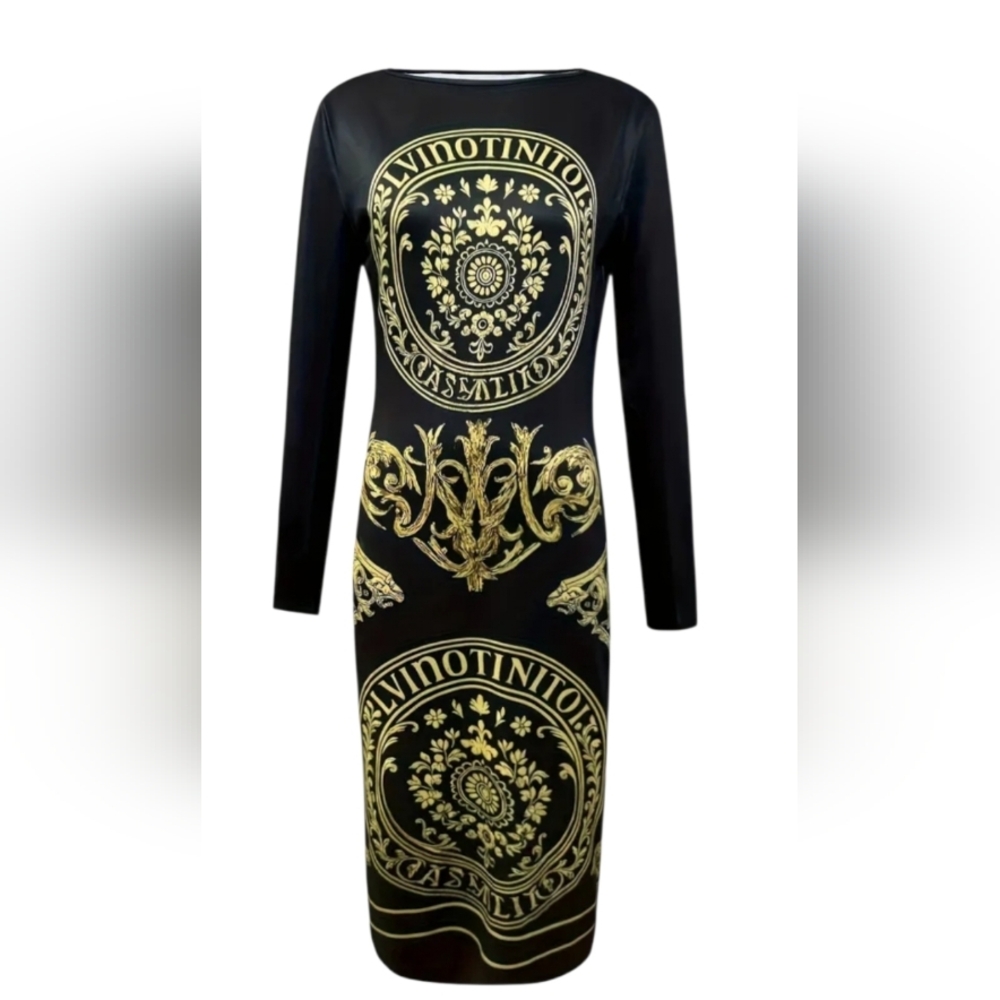Stylish Black And Golden Baroque Totem Print Dress XXL Long Sleeves - Picture 1 of 6